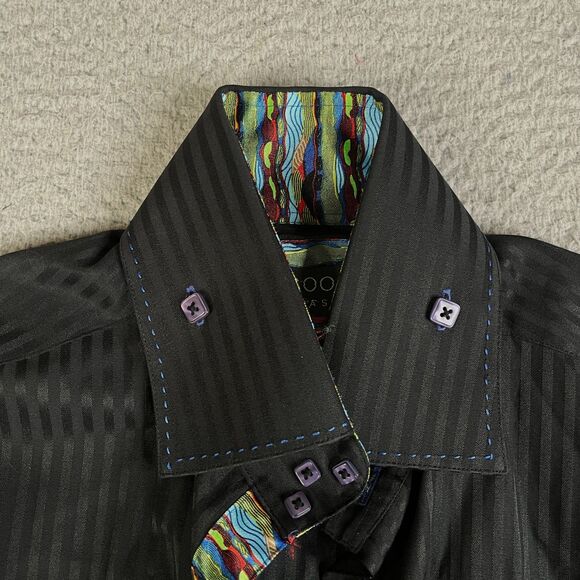 Coogi Classic Shirt Mens Large 16 32/33 Black Stripe Square Buttons Flip Cuff - Picture 2 of 13